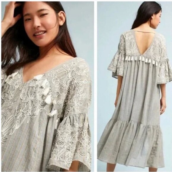 Anthropologie Dresses & Skirts - Anthropologie Maeve Tisdale Embroidered Tassel Midi Dress Women 6 Oversized Gray